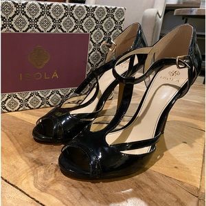 Isola black patent leather open toed high heel, size 9.5m